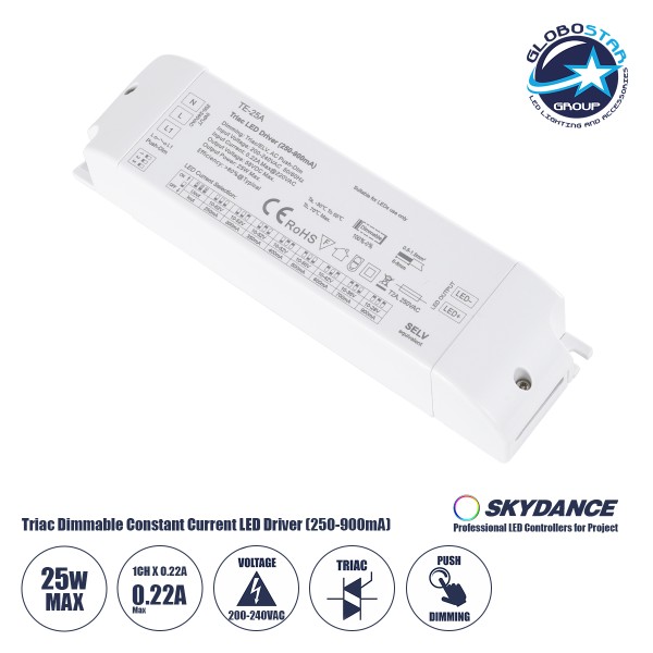 GloboStar® 73134 TE-25A SKYDANCE AC Triac Dimmable Constant Current LED Driver 1 Κανάλι AC 200-240V 1 x 0.22A 25W - Max 0.22A 25W - IP20  Μ17.5 x Π4.4 x Υ3cm - 5 Χρόνια Εγγύηση