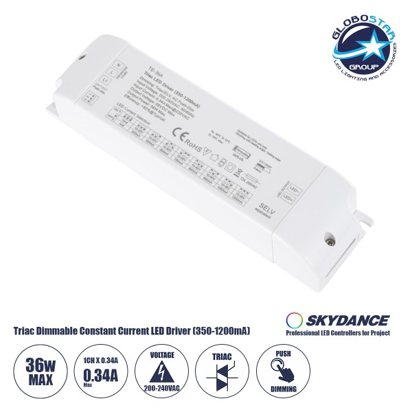 GloboStar® 73135 TE-36A SKYDANCE AC Triac Dimmable Constant Current LED Driver Push Dimming 1 Κανάλι AC 200-240V 1 x 0.34A 36W - Max 0.34A 36W - IP20 Μ17.5 x Π4.4 x Υ3cm - 5 Χρόνια Εγγύηση