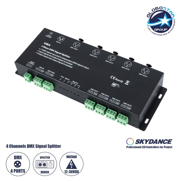 GloboStar® 73136 DMA SKYDANCE DC DMX512 Signal Splitter / Amplifier 4 Καναλιών DC 12-36V - IP20 Μ25.6 x Π9.2 x Υ3.8cm - 5 Χρόνια Εγγύηση