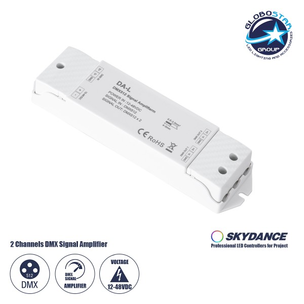 GloboStar® 73138 DA-L SKYDANCE DC DMX512 Signal Amplifier 2 Καναλιών DC 12-48V - IP20  Μ17.5 x Π4.5 x Υ2.5cm - 5 Χρόνια Εγγύηση