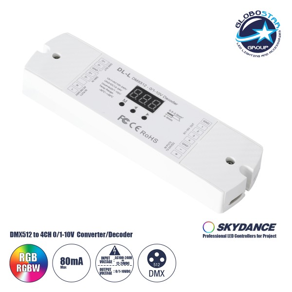 GloboStar® 73140 DL-L SKYDANCE AC DMX512 to 0/1-10V Converter / Decoder 4 Καναλιών - 2 Inputs DC 12-24V ή AC 100-240V - IP20  Μ17 x Π5 x Υ2.5cm - 5 Χρόνια Εγγύηση