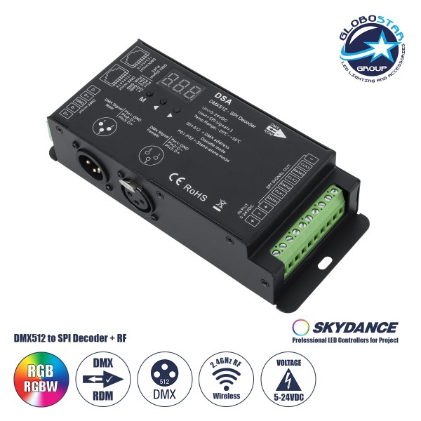 GloboStar® 73141 DSA SKYDANCE DC RF 2.4Ghz DMX512 to SPI Decoder DC 5-24V - IP20 Π16.5 x Π7 x Υ3.7cm - 5 Χρόνια Εγγύηση