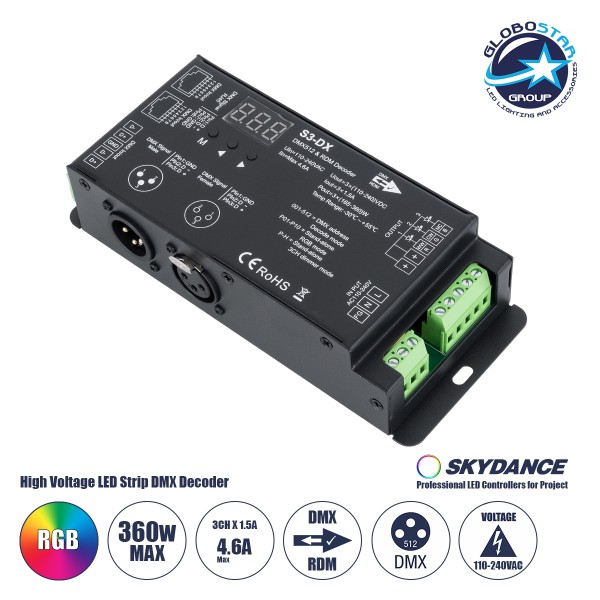 GloboStar® 73144 S3-DX SKYDANCE AC DMX512 High Voltage LED Strip Decoder 3 Καναλιών AC 110-240V 3 x 1.5A 360W - Max 4.6A 360W - IP20 Π16.5 x Π7 x Υ3.7cm - 5 Χρόνια Εγγύηση