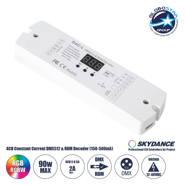 GloboStar® 73145 D4C-L SKYDANCE DC DMX512 Constant Current & RDM Decoder 4 Καναλιών DC 12-48V 4 x 0.5A 22.5W - Max 2A 90W - IP20  Μ17 x Π5 x Υ2.5cm - 5 Χρόνια Εγγύηση
