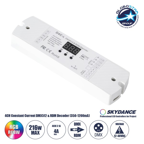 GloboStar® 73146 D4C-L SKYDANCE DC DMX512 Constant Current & RDM Decoder 4 Καναλιών DC 12-48V 4 x 1A 54W - Max 4A 216W - IP20  Μ17 x Π5 x Υ2.5cm - 5 Χρόνια Εγγύηση