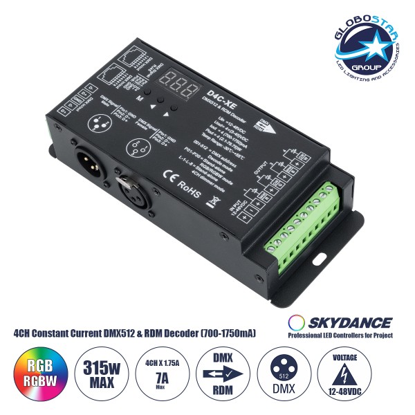 GloboStar® 73147 D4C-XE SKYDANCE DC DMX512 Constant Current & RDM Decoder 4 Καναλιών DC 12-48V 4 x 1.75A 315W - Max 7A 315W - IP20 Π16.5 x Π7 x Υ3.7cm - 5 Χρόνια Εγγύηση