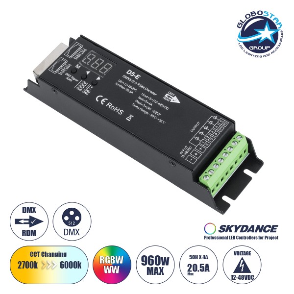 GloboStar® 73148 D5-E SKYDANCE DC DMX512 & RDM Decoder 5 Καναλιών DC 12-48V 5 x 4A 960W - Max 20.5A 960W - IP20 Μ17.5 x Π4.5 x Υ3.3cm - 5 Χρόνια Εγγύηση