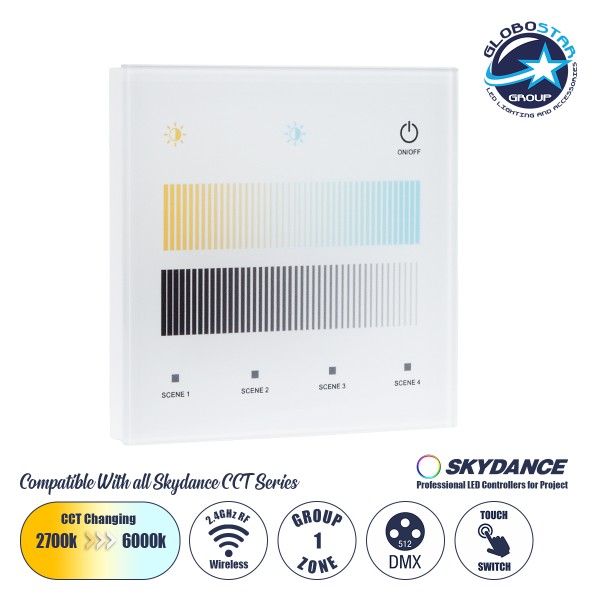 GloboStar® 73151 T12-S SKYDANCE Ασύρματο DMX512 Επιτοίχιο Χειριστήριο RF 2.4Ghz 1 Group για όλα τα SKYDANCE DMX512 Controller AC 100-240V Max 0.1A - IP20 Μ8.5 x Μ8.5 x Π8.5 x Υ3.5cm - 5 Χρόνια Εγγύηση