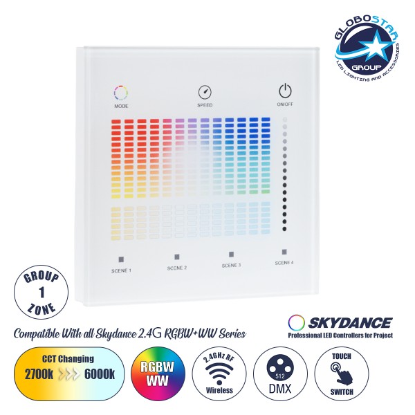 GloboStar® 73153 T15-S SKYDANCE Ασύρματο DMX512 Επιτοίχιο Χειριστήριο RF 2.4Ghz 1 Group για όλα τα SKYDANCE DMX512 Controller AC 100-240V Max 0.1A - IP20 Μ8.5 x Μ8.5 x Π8.5 x Υ3.5cm - 5 Χρόνια Εγγύηση