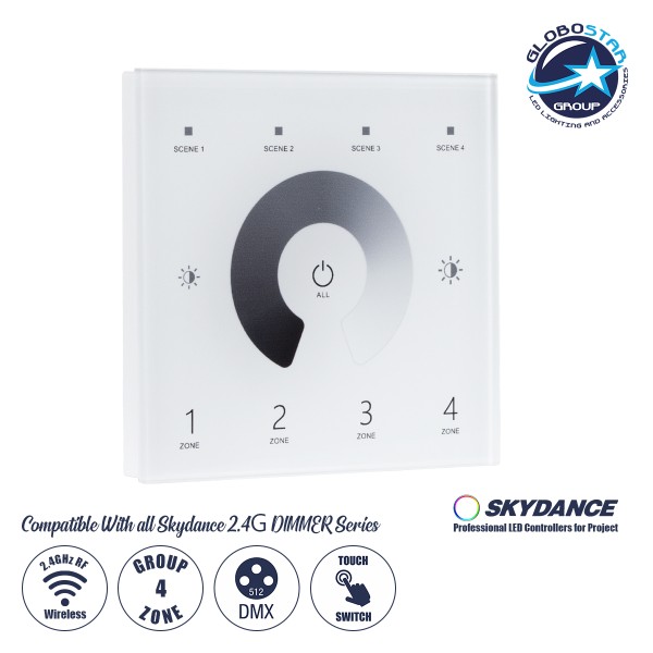 GloboStar® 73159 T11 SKYDANCE Ασύρματο DMX512 Επιτοίχιο Χειριστήριο RF 2.4Ghz 4 Group για όλα τα SKYDANCE DMX512 Controller AC 100-240V Max 0.1A - IP20 Μ8.5 x Μ8.5 x Π8.5 x Υ3.5cm - 5 Χρόνια Εγγύηση