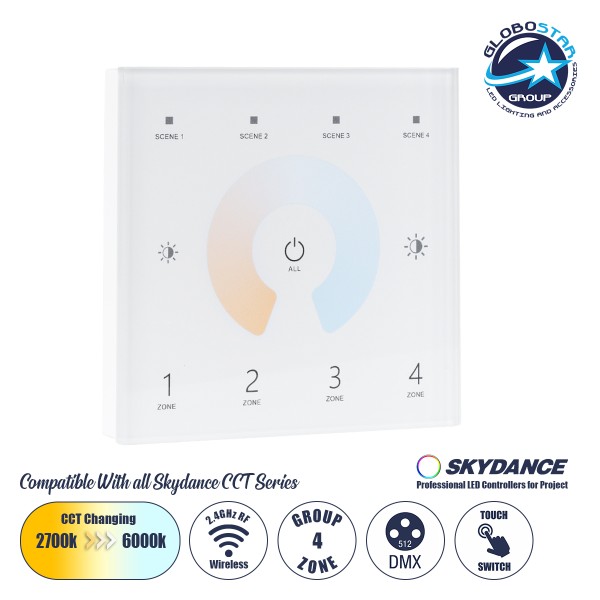 GloboStar® 73160 T12 SKYDANCE Ασύρματο DMX512 Επιτοίχιο Χειριστήριο RF 2.4Ghz 4 Group για όλα τα SKYDANCE DMX512 Controller AC 100-240V Max 0.1A - IP20  Μ8.5 x Π8.5 x Υ3.5cm - 5 Χρόνια Εγγύηση
