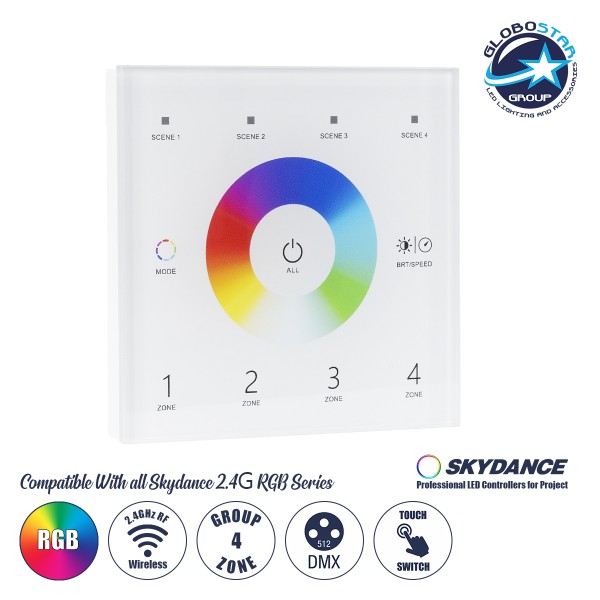 GloboStar® 73161 T13 SKYDANCE Ασύρματο DMX512 Επιτοίχιο Χειριστήριο RF 2.4Ghz 4 Group για όλα τα SKYDANCE DMX512 Controller AC 100-240V Max 0.1A - IP20  Μ8.5 x Π8.5 x Υ3.5cm - 5 Χρόνια Εγγύηση