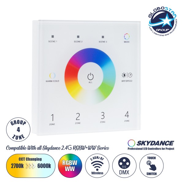 GloboStar® 73162 T15 SKYDANCE Ασύρματο DMX512 Επιτοίχιο Χειριστήριο RF 2.4Ghz 4 Group για όλα τα SKYDANCE DMX512 Controller AC 100-240V Max 0.1A - IP20 Μ8.5 x Μ8.5 x Π8.5 x Υ3.5cm - 5 Χρόνια Εγγύηση