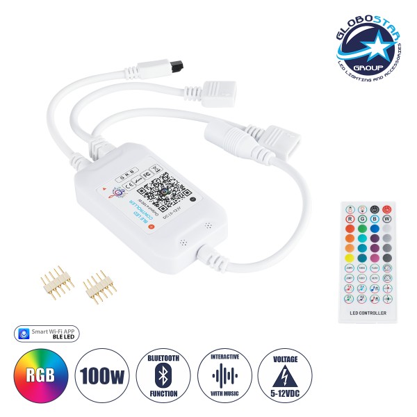 GloboStar® 73431 Ασύρματος Bluetooth LED RGB & Music Controller Sound Activated με Χειριστήριο IR & 2 Εξόδους RGB DC 5-12V Max 100W