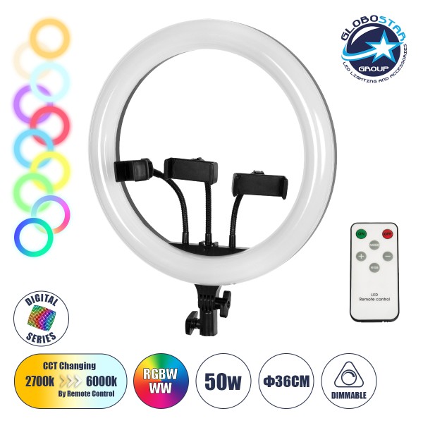 GloboStar® 75803 Professional Digital Ring Light Φ36cm LED SMD 50W 5000lm 180° DC 5V με Καλώδιο Τροφοδοσίας USB - Ενσωματωμένο και Ασύρματο Χειριστήριο RF 2.4Ghz Εναλλαγής Χρωμάτων & 3 Βάσεις Τηλεφώνου - Πολύχρωμο RGBW+WW Dimmable