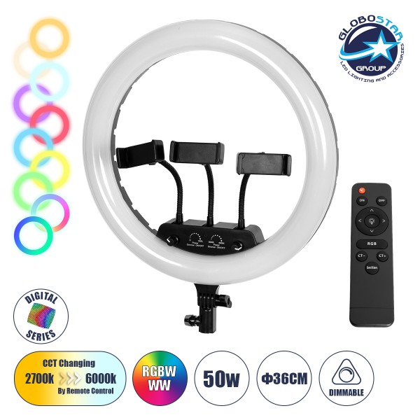GloboStar® 75804 Professional Digital Ring Light Φ36cm LED SMD 50W 5000lm 180° AC 230V με Καλώδιο Τροφοδοσίας Πρίζας - Ασύρματο Χειριστήριο RF 2.4Ghz Εναλλαγής Χρωμάτων & 3 Βάσεις Τηλεφώνου - Πολύχρωμο RGBW+WW Dimmable