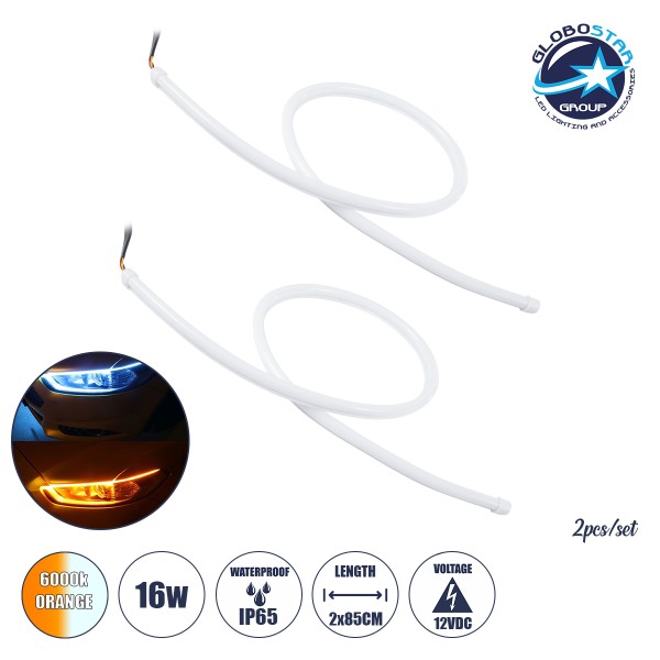 GloboStar® 81726 Σετ 2 ΕΛΑΣΤΙΚΑ - FLEXIBLE DRL + FLASH TURN LIGHT LED CREE COB 85cm 16W 2400lm 360° DC 12V Αδιάβροχα IP65 Πορτοκαλί - Ψυχρό Λευκό 6000K - 2 Χρόνια Εγγύηση