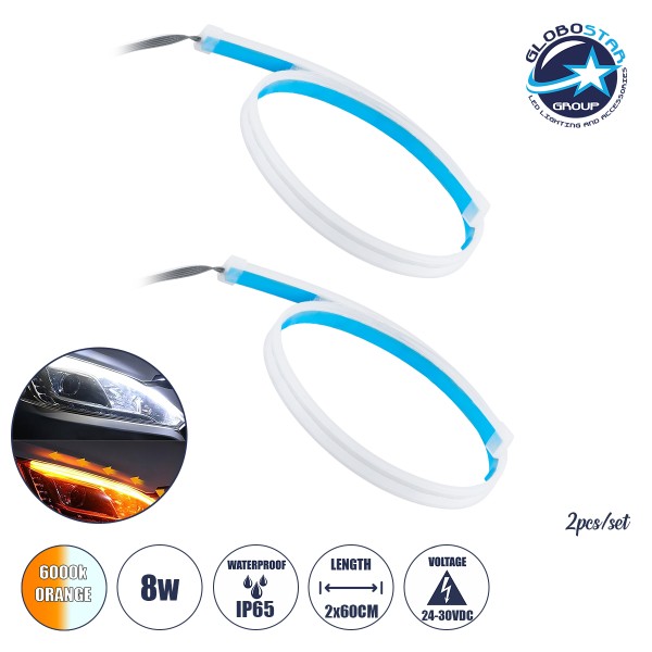 GloboStar® 81730 Σετ 2 ΕΛΑΣΤΙΚΑ - FLEXIBLE DRL + FLASH TURN LIGHT LED CREE COB 60cm 8W 1200lm 360° DC 24-30V Αδιάβροχα IP65 Πορτοκαλί - Ψυχρό Λευκό 6000K - 2 Χρόνια Εγγύηση