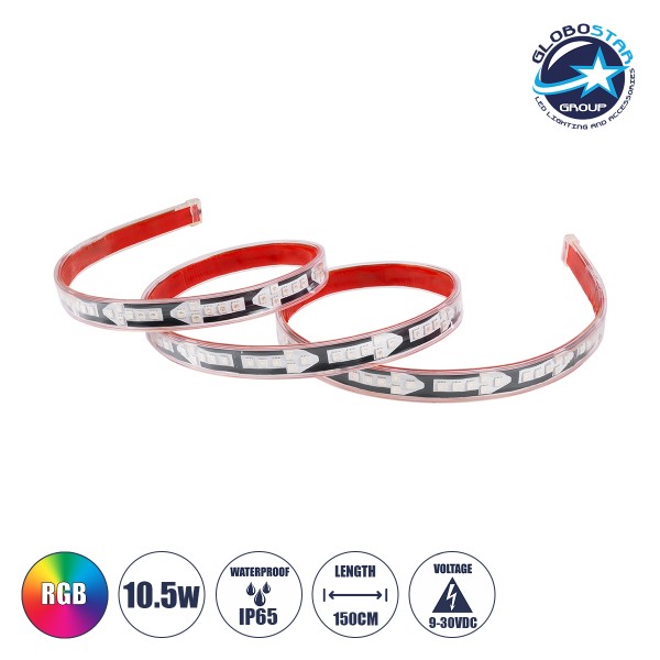 GloboStar® 81733 Car Backlit LED Strip Εύκαμπτη Ταινία 150cm Σήμανσης DRL Αυτοκινήτου 5 Προγραμμάτα Φωτισμού LED SMD 5050 10.5W DC 9-30V Αδιάβροχη IP65 RGB - 2 Χρόνια Εγγύηση
