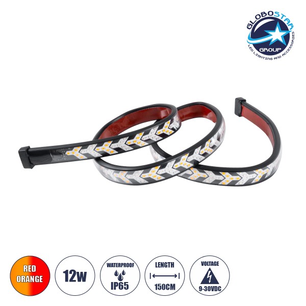 GloboStar® 81735 Car Backlit LED Strip Εύκαμπτη Ταινία 150cm Σήμανσης DRL Αυτοκινήτου 3 Προγραμμάτα Φωτισμού LED SMD 5050 12W DC 9-30V Αδιάβροχη IP65 Πορτοκαλί - Κόκκινο - 2 Χρόνια Εγγύηση