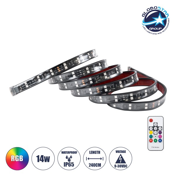 GloboStar® 81736 Car Backlit LED Strip Εύκαμπτη Ταινία 240cm Σήμανσης DRL Αυτοκινήτου με Ασύρματο Χειριστήριο IR LED SMD 5050 14W DC 9-30V Αδιάβροχη IP65 RGB - 2 Χρόνια Εγγύηση