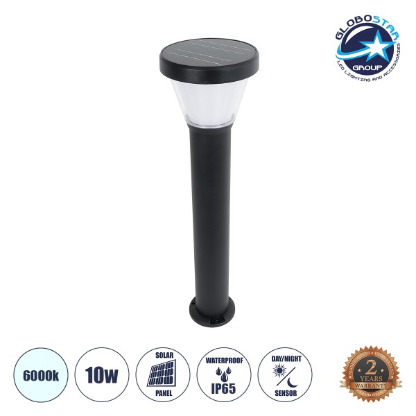GloboStar® SOLARDIS 90523 LED Solar Bollard Light Κολωνάκι Κήπου Εξωτερικού Χώρου 10W 180lm 120° με Ενσωματωμένο Φωτοβολταϊκό Panel 6V 5W & Επαναφορτιζόμενη Μπαταρία Li-ion 3.2V 6000mAh με Αισθητήρα Ημέρας-Νύχτας - Αδιάβροχο IP65 Φ24 x Υ88cm Ψυχρό Λευκό 6