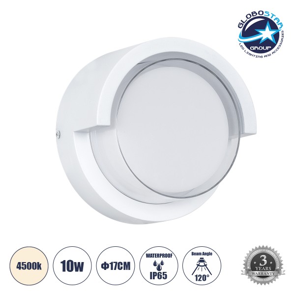 GLOBOSTAR® APEX 60766 Φωτιστικό Τοίχου - Απλίκα Εσωτερικού/Εξωτερικού Χώρου LED 10W 1050lm 120° AC175-265V Αδιάβροχο IP65 - Πλαστικό Σώμα - Φυσικό λευκό 4500K - Φ17 x Υ9cm - Λευκό - Bridgelux Chip - 3 Χρόνια Εγγύηση