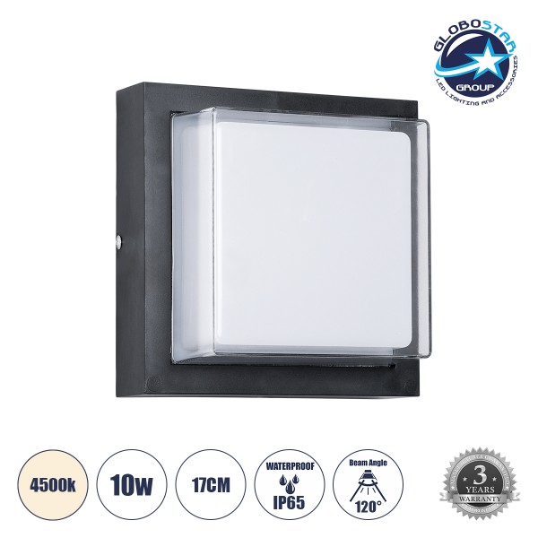 GLOBOSTAR® NEXUS 60767 Φωτιστικό Τοίχου - Απλίκα  Εσωτερικού/Εξωτερικού Χώρου LED 10W 1050lm 120° AC175-265V Αδιάβροχο IP65 - Πλαστικό Σώμα - Φυσικό λευκό 4500K - Μ17 x Π17 x Υ9cm - Μαύρο - Bridgelux Chip - 3 Χρόνια Εγγύηση