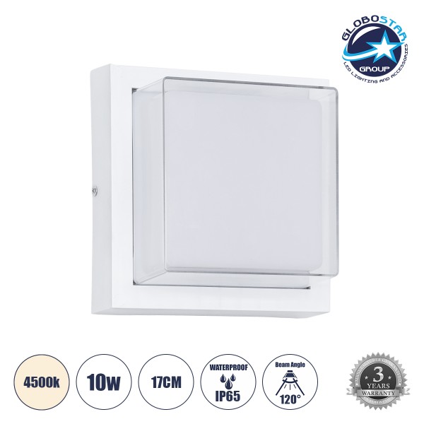 GLOBOSTAR® NEXUS 60769 Φωτιστικό Τοίχου - Απλίκα Εσωτερικού/Εξωτερικού Χώρου LED 10W 1050lm 120° AC175-265V Αδιάβροχο IP65 - Πλαστικό Σώμα - Φυσικό λευκό 4500K - Μ17 x Π17 x Υ9cm - Λευκό - Bridgelux Chip - 3 Χρόνια Εγγύηση