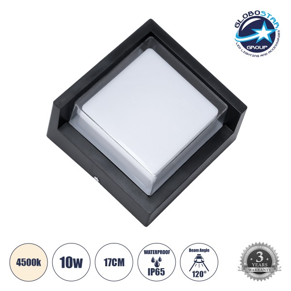 GLOBOSTAR® APEX 60770 Φωτιστικό Τοίχου - Απλίκα Εσωτερικού/Εξωτερικού Χώρου LED 10W 1050lm 120° AC175-265V Αδιάβροχο IP65 - Πλαστικό Σώμα - Φυσικό λευκό 4500K - Μ17 x Π17 x Υ9cm - Μαύρο - Bridgelux Chip - 3 Χρόνια Εγγύηση