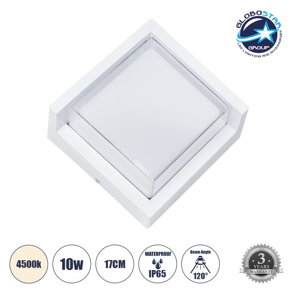 GLOBOSTAR® APEX 60772 Φωτιστικό Τοίχου - Απλίκα Εσωτερικού/Εξωτερικού Χώρου LED 10W 1050lm 120° AC175-265V Αδιάβροχο IP65 - Πλαστικό Σώμα - Φυσικό λευκό 4500K - Μ17 x Π17 x Υ9cm - Λευκό - Bridgelux Chip - 3 Χρόνια Εγγύηση