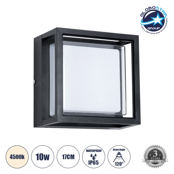 GLOBOSTAR® MAJESTIC 60773 Φωτιστικό Τοίχου - Απλίκα Εσωτερικού/Εξωτερικού Χώρου LED 10W 1050lm 120° AC175-265V Αδιάβροχο IP65 - Πλαστικό Σώμα - Φυσικό λευκό 4500K - Μ17 x Π17 x Υ9cm - Μαύρο - Bridgelux Chip - 3 Χρόνια Εγγύηση