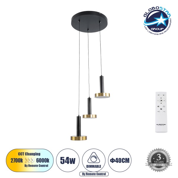 GLOBOSTAR® ZANE 60934 Μοντέρνο Κρεμαστό Φωτιστικό Οροφής LED 54W 6048lm 120° AC 220-240V IP20 Ρυθμιζόμενο Λευκό CCT με Χειριστήριο από 2700K έως 6000K Dimmable - Lumileds SMD Chip - Μαύρο Ματ & Χρυσό - Μ40 x Π40 x Υ20cm - 3 Χρόνια Εγγύηση