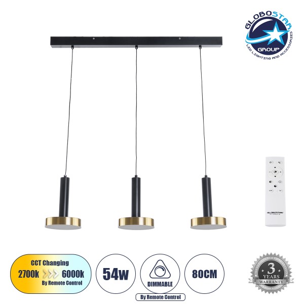 GLOBOSTAR® ZANE 60936 Μοντέρνο Κρεμαστό Φωτιστικό Οροφής LED 54W 6048lm 120° AC 220-240V IP20 Ρυθμιζόμενο Λευκό CCT με Χειριστήριο από 2700K έως 6000K Dimmable - Lumileds SMD Chip - Μαύρο Ματ & Χρυσό - Μ80 x Π15 x Υ20cm - 3 Χρόνια Εγγύηση