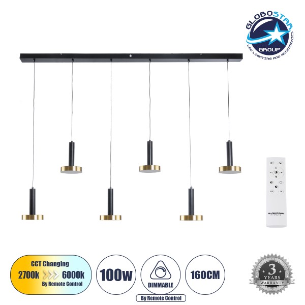 GLOBOSTAR® ZANE 60937 Μοντέρνο Κρεμαστό Φωτιστικό Οροφής LED 100W 11200lm 120° AC 220-240V IP20 Ρυθμιζόμενο Λευκό CCT με Χειριστήριο από 2700K έως 6000K Dimmable - Lumileds SMD Chip - Μαύρο Ματ & Χρυσό - Μ160 x Π15 x Υ20cm - 3 Χρόνια Εγγύηση