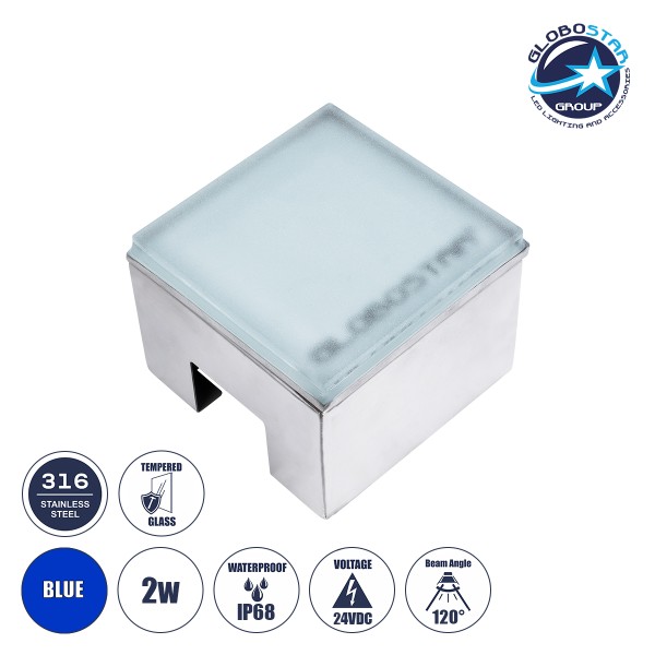 GloboStar® CYBOLITHOS 60946 Χωνευτό Φωτιστικό Σποτ Δαπέδου LED 2W 200lm 120° DC 24V Αδιάβροχο IP68 IK06 Μ10 x Π10 x Υ8cm Μπλε Dimmable - Tempered Γαλακτερό Γυαλί & Ανοξείδωτο Ατσάλι - Bridgelux Chip - 3 Χρόνια Εγγύηση