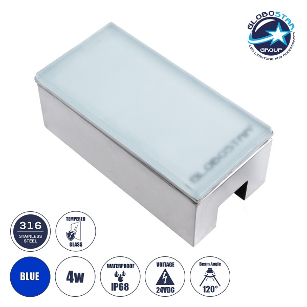 GloboStar® CYBOLITHOS 60952 Χωνευτό Φωτιστικό Σποτ Δαπέδου LED 4W 400lm 120° DC 24V Αδιάβροχο IP68 IK06 Μ20 x Π10 x Υ8cm Μπλε Dimmable - Tempered Γαλακτερό Γυαλί & Ανοξείδωτο Ατσάλι - Bridgelux Chip - 3 Χρόνια Εγγύηση