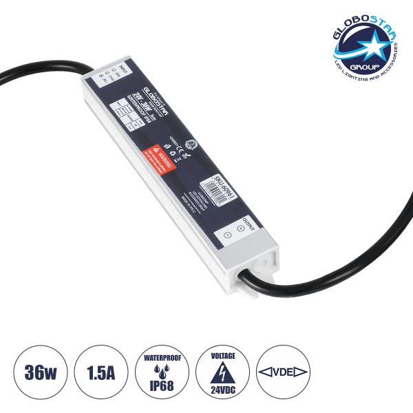 GLOBOSTAR® LUMISPLASH 60961 Τροφοδοτικό/Μετασχηματιστής Class II SELV 36W 1.5A DC 24V Αδιάβροχο IP68 - AC 220-240V σε DC 24V - Μ17 x Π3 x Υ2cm - 3 Χρόνια Εγγύηση