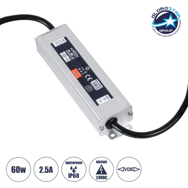GLOBOSTAR® LUMISPLASH 60962 Τροφοδοτικό/Μετασχηματιστής Class II SELV 60W 2.5A DC 24V Αδιάβροχο IP68 - AC 220-240V σε DC 24V - Μ15 x Π3.5 x Υ2cm - 3 Χρόνια Εγγύηση