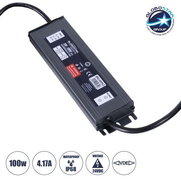 GloboStar® 60963 Αδιάβροχο Μεταλλικό Τροφοδοτικό VDE για Προϊόντα LED 100W 4.17A - AC 220-240V σε DC 24V με 1.2m Καλώδιο Τροφοδοσίας - Αδιάβροχο IP68 - M20 x W5 x H2cm  - 3 Χρόνια Εγγύηση