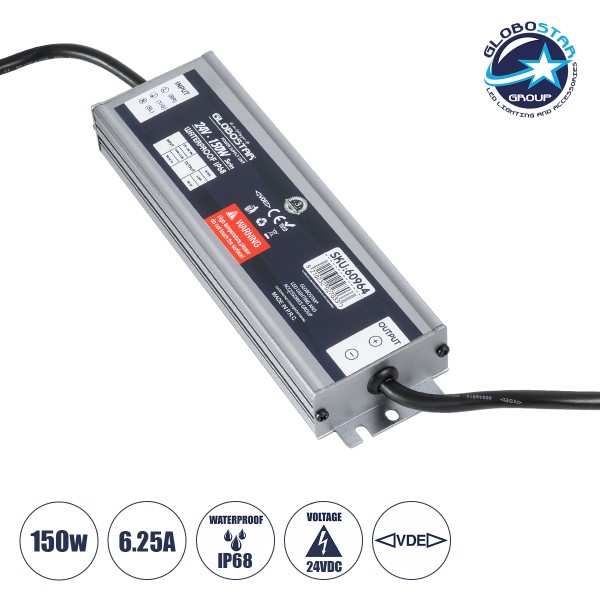GLOBOSTAR® LUMISPLASH 60964 Τροφοδοτικό/Μετασχηματιστής Class II SELV 150W 6.25A DC 24V Αδιάβροχο IP68 - AC 220-240V σε DC 24V - Μ20 x Π5.5 x Υ2.5cm - 3 Χρόνια Εγγύηση