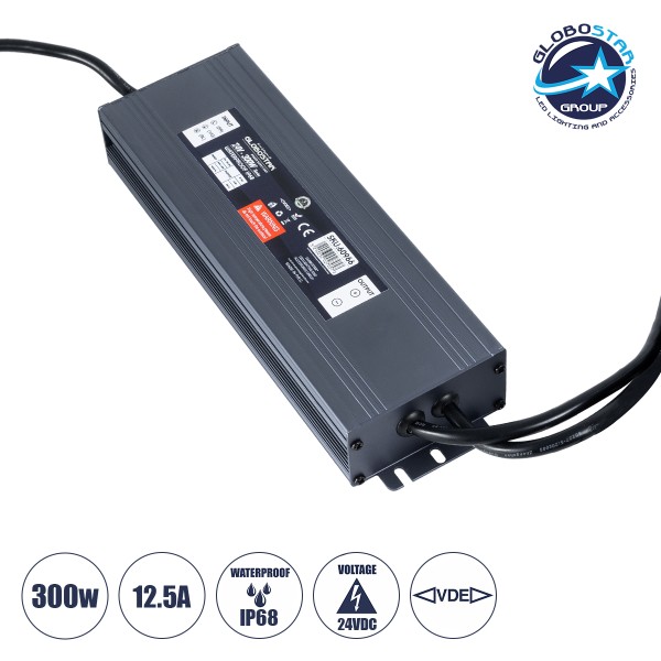 GloboStar® 60966 Αδιάβροχο Μεταλλικό Τροφοδοτικό VDE για Προϊόντα LED 300W 12.5A - AC 220-240V σε DC 24V με 1.2m Καλώδιο Τροφοδοσίας - Αδιάβροχο IP68 - M23.5 x W7.5 x H3.6cm  - 3 Χρόνια Εγγύηση