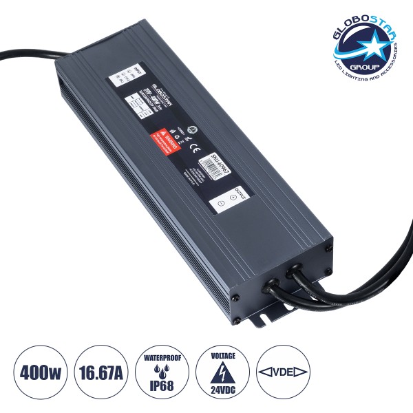 GLOBOSTAR® LUMISPLASH 60967 Τροφοδοτικό/Μετασχηματιστής Class II SELV 400W 16.67A DC 24V Αδιάβροχο IP68 - AC 220-240V σε DC 24V - M25.5 x W7.5 x H4cm - 3 Χρόνια Εγγύηση
