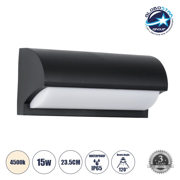 GLOBOSTAR® HORIZON 60693 Φωτιστικό Τοίχου - Απλίκα Εσωτερικού/Εξωτερικού Χώρου LED 15W 1575lm 120° AC175-265V Αδιάβροχο IP65 - Πλαστικό Σώμα - Φυσικό λευκό 4500K - Μ23.5 x Π11 x Υ10cm - Μαύρο - Bridgelux Chip - 3 Χρόνια Εγγύηση