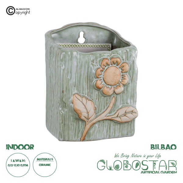 GloboStar® Artificial Garden BILBAO 20536 Διακοσμητική Κεραμική Επιτοίχια Γλάστρα Πράσινη με Μπεζ Λεπτομέρειες Μ13 x Π10  x Υ17cm