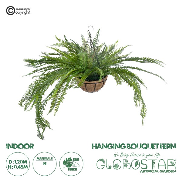 GloboStar® Artificial Garden FERN HANGING PLANT 20624 Τεχνητό Κρεμαστό Διακοσμητικό Φυτό Φτέρης Y45cm