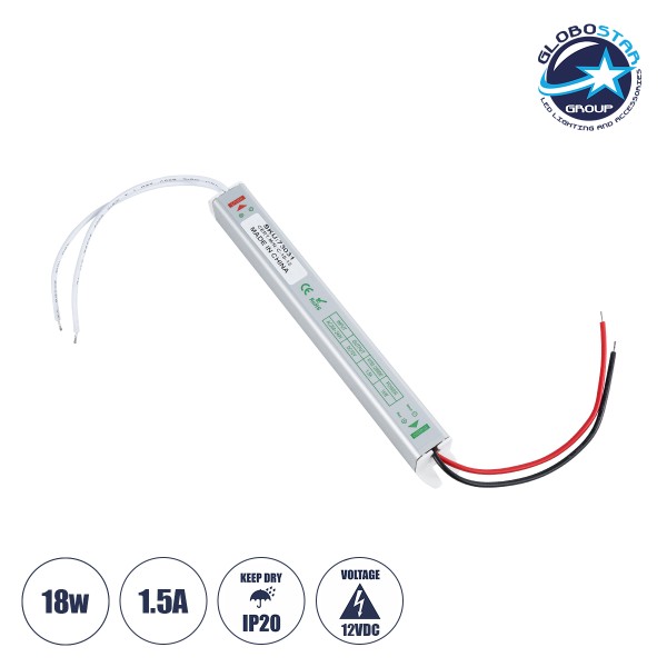 GloboStar® 73031 Μεταλλικό Τροφοδοτικό PELV Ultra Slim για Προϊόντα LED 18W 1.5A - AC 220-240V σε DC 12V - IP20 Μ1.8 x Π1.8 x Υ17.5cm - 3 Χρόνια Εγγύηση