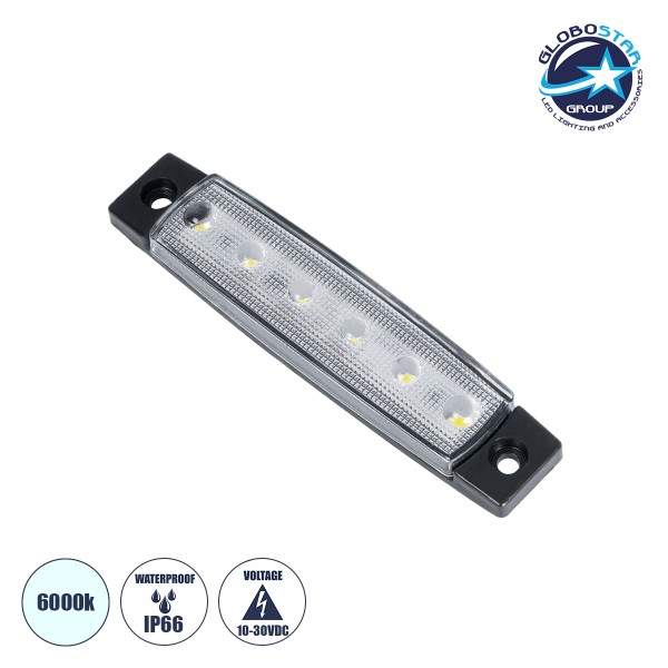 GloboStar® 79900 Πλευρικά Φώτα Όγκου Φορτηγών LED 6 SMD 2835 DC 10-30V Πλαστικό PVC Αδιάβροχο IP66 Ψυχρό Λευκό 6000K