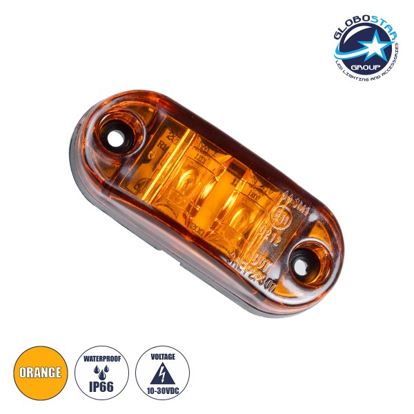 GloboStar® 79908 Πλευρικά Φώτα Όγκου Φορτηγών LED 2xSMD2835 DC 10-30V 2W 134lm IP66 Πορτοκαλί - Μ6.5 x W3 x H1.8cm