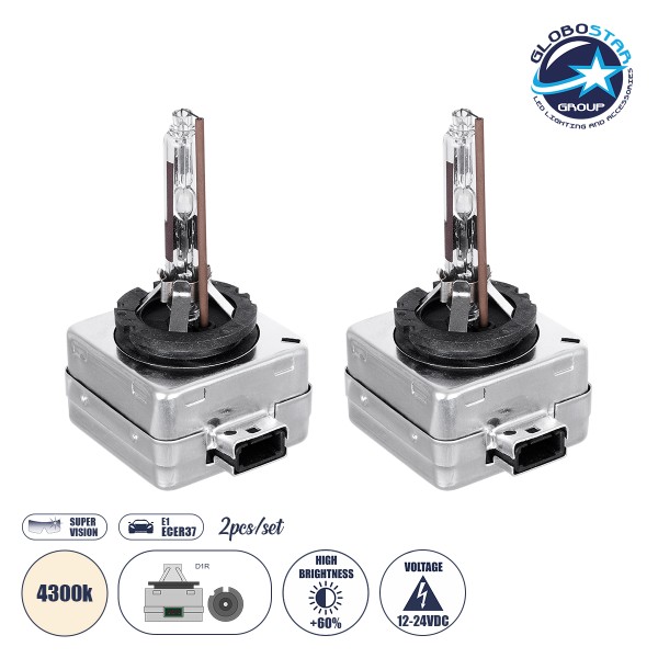 GloboStar® 84023 Λάμπες Αυτοκινήτου HID Xenon D1R Super Vision High Brightness +60% E1 ECER37 360° DC 12-24V IP20 Μ4 x Π5 x Υ8cm 4300K- Σετ 2 Τεμαχίων